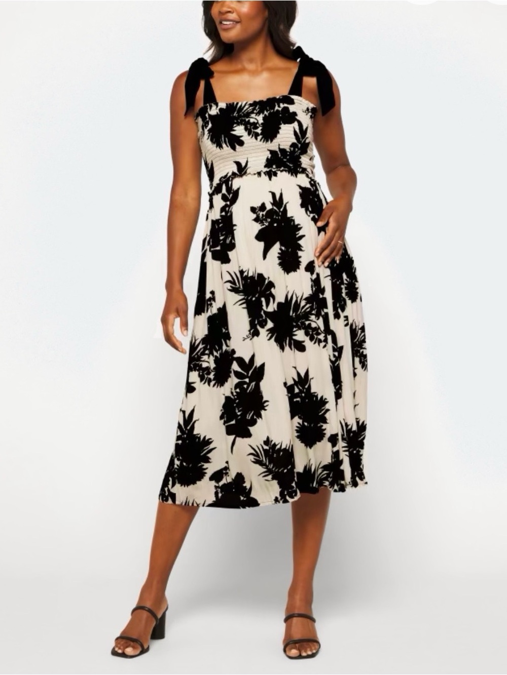 Ripe Maternity Angie Black & Cream Floral Smocked Midi Dress Size L